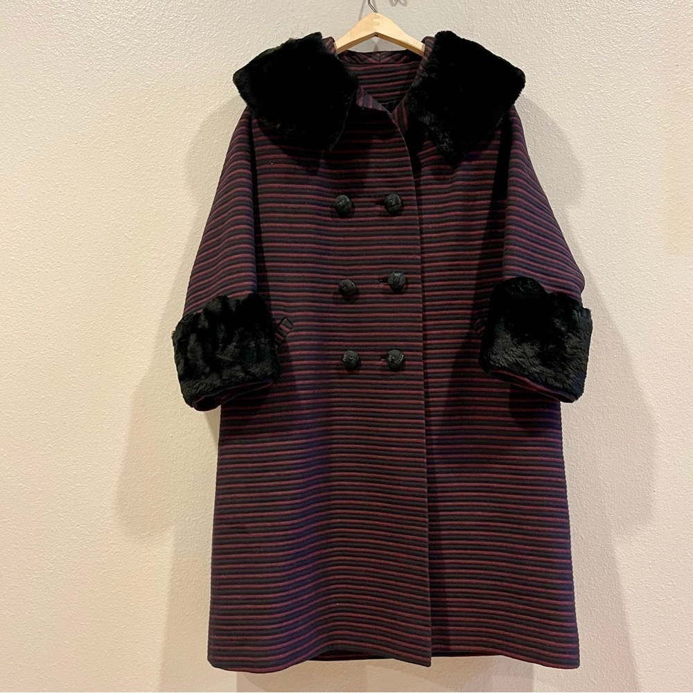 Striped Women's Cape with Faux Fur Trim